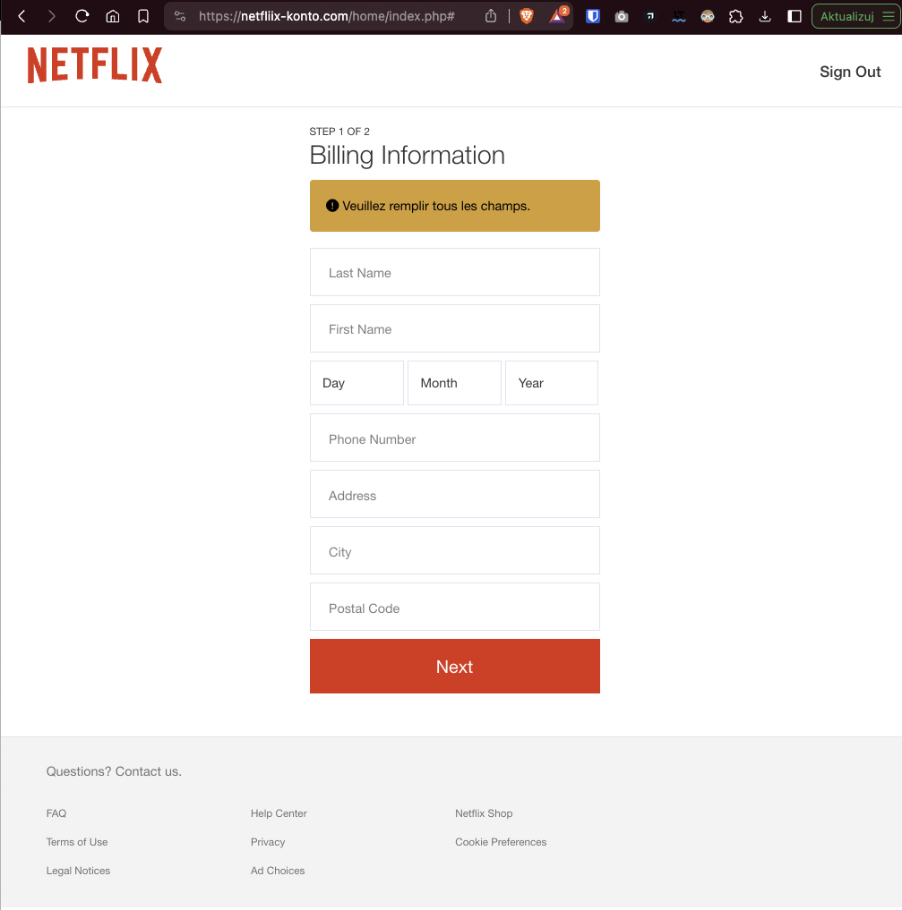 Oszustwo na Netflix, fałszywa strona
