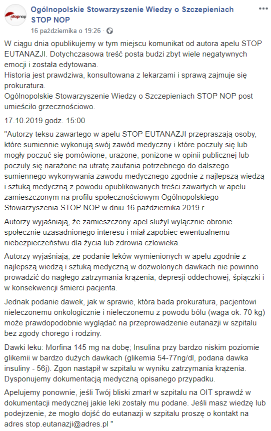 STOP NOP - post na Facebooku
