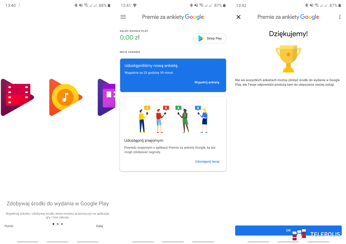 Premie za ankiety Google - zrzuty ekranu