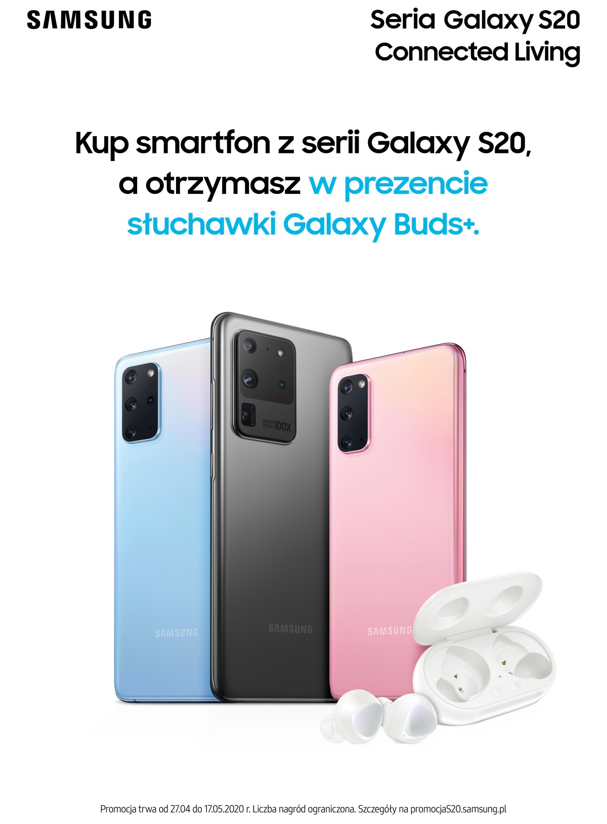 Samsung Galaxy S20 promocja Sluchawki Galaxy Buds+ plakat