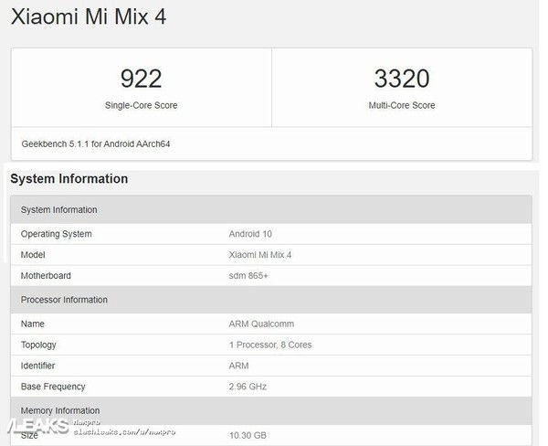 Xiaomi Mi Mix 4 w Geekbench