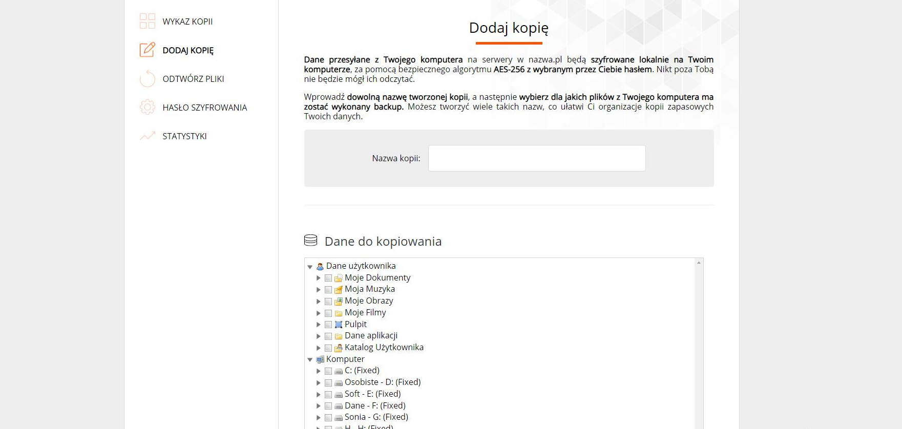 Interfejs Nazwa.pl Cloud Backup