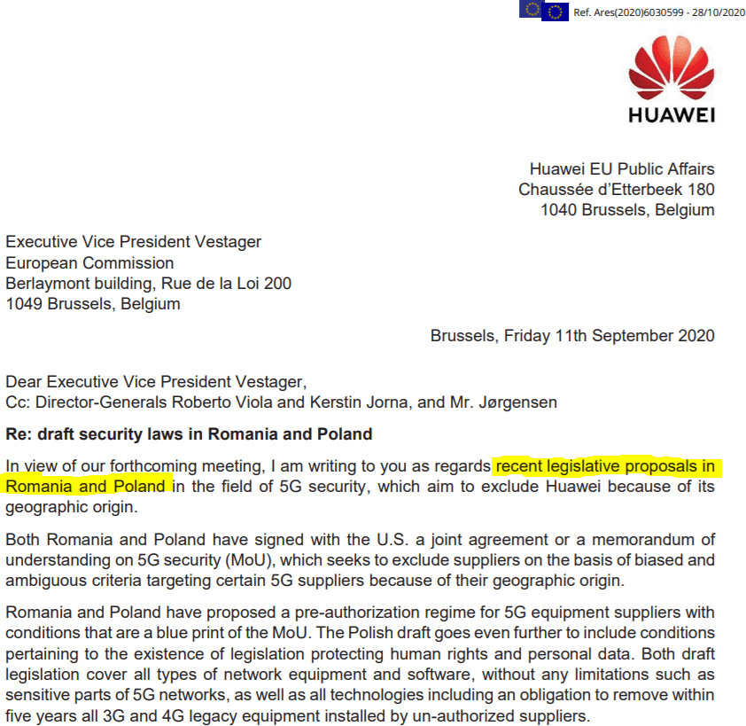 Fragment listu Huawei (za: Politico)