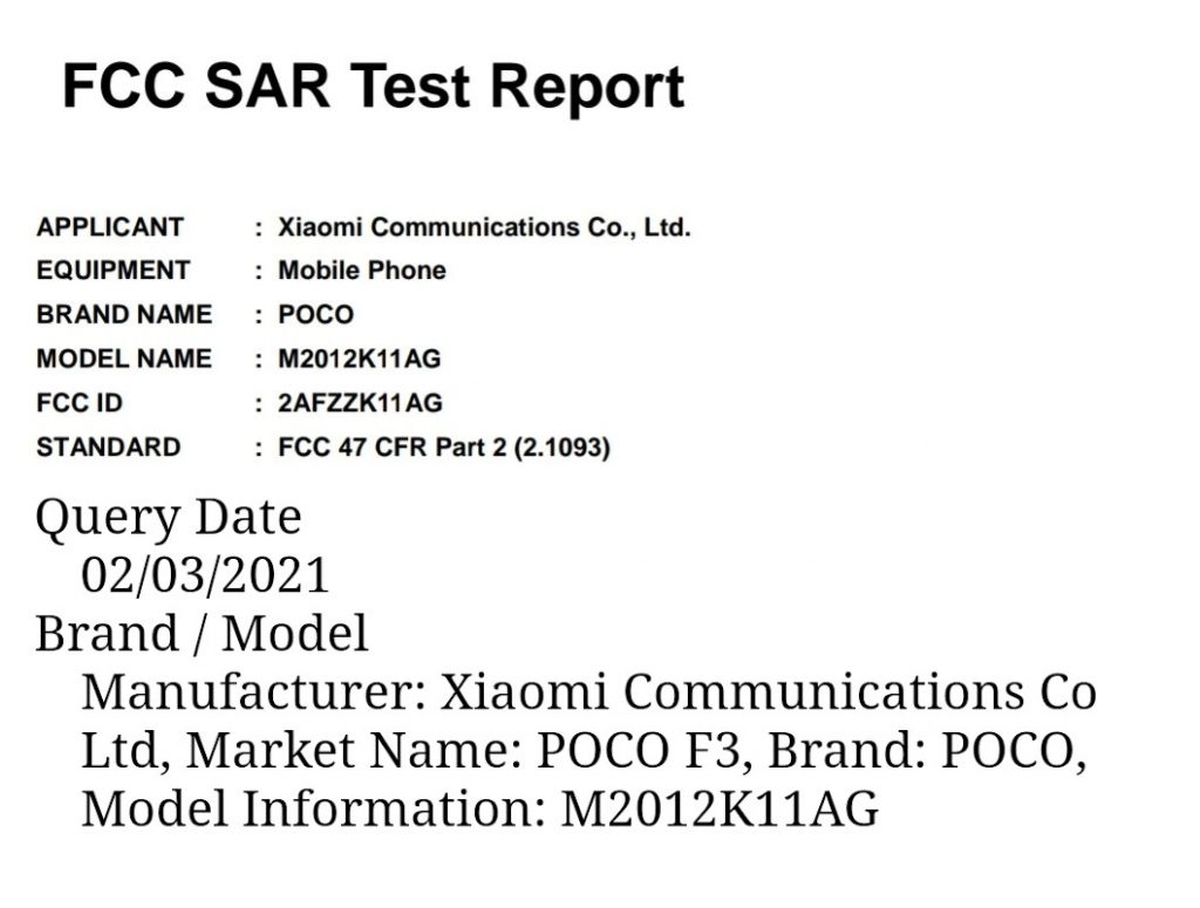 POCO F3 FCC SAR Test Report