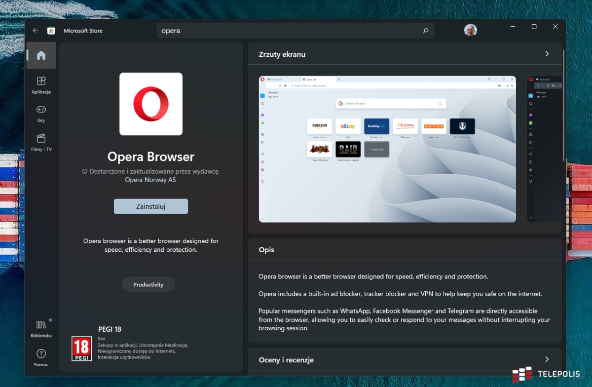 Opera Microsoft Store Screen