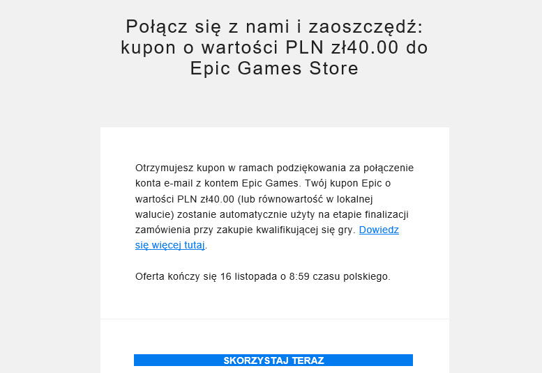Epic Games Store - kod na 40 zł e-mail