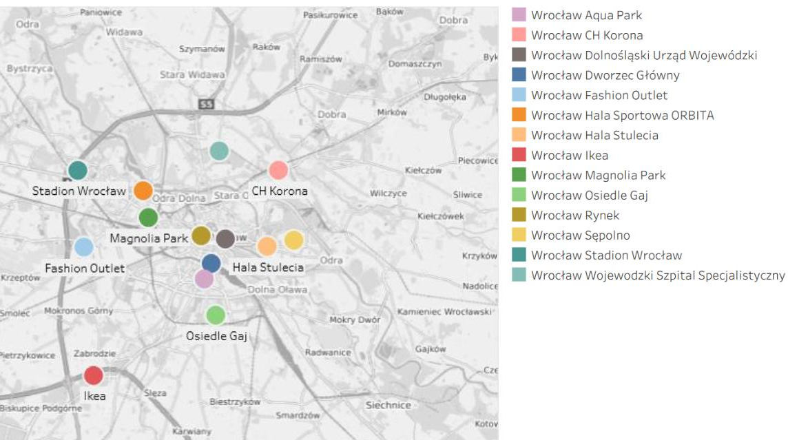 Mapa z punktami pomiarowymi we Wrocławiu