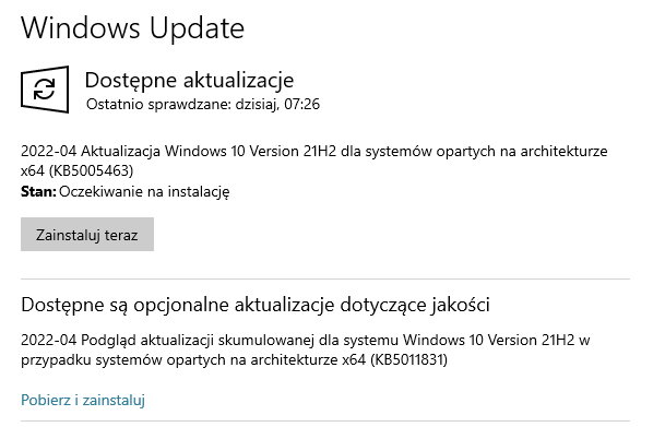 Windows 10 aktualizacja KB5011831