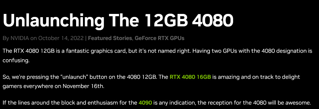 NVIDIA anuluje kartę graficzną GeForce RTX 4080