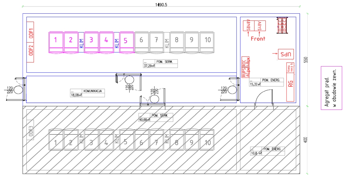 Rys.4 Dwumodułowa wersja obiektu, 10+10 szaf rack, rozwiązania TECHKO® ModularDC