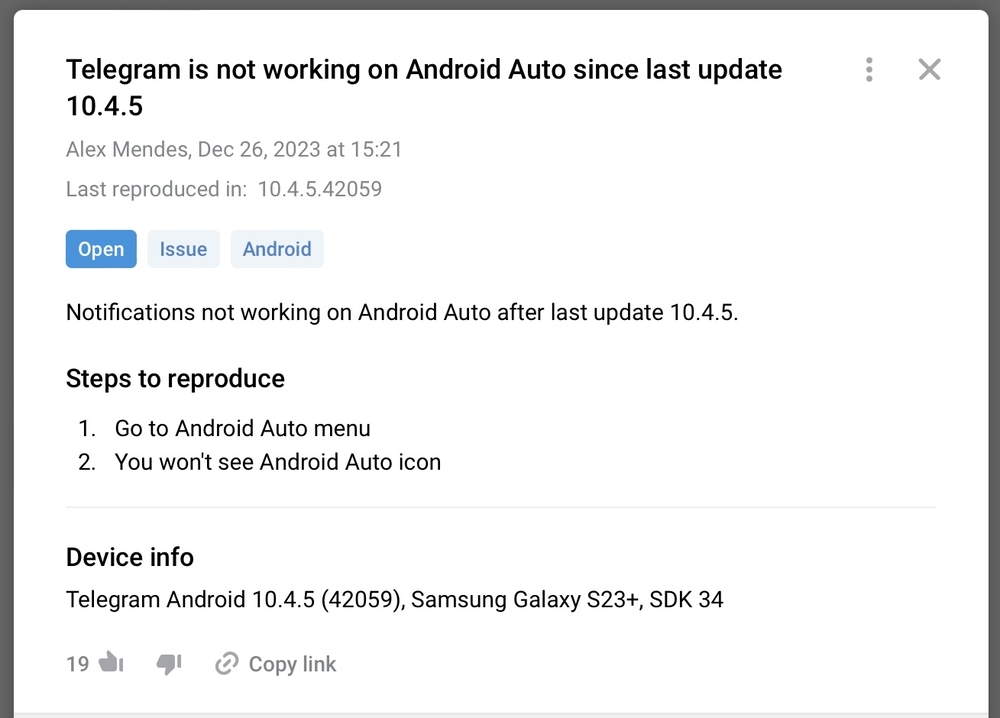 Telegram znikł z Android Auto, zgłoszenie błędu