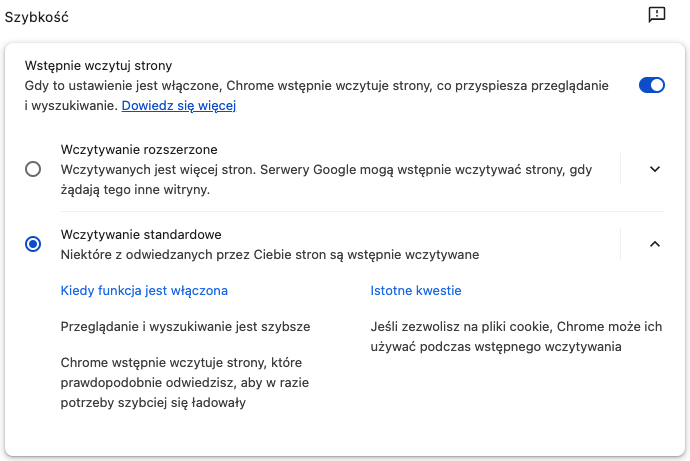 Google Chrome, wstępne ładowanie stron