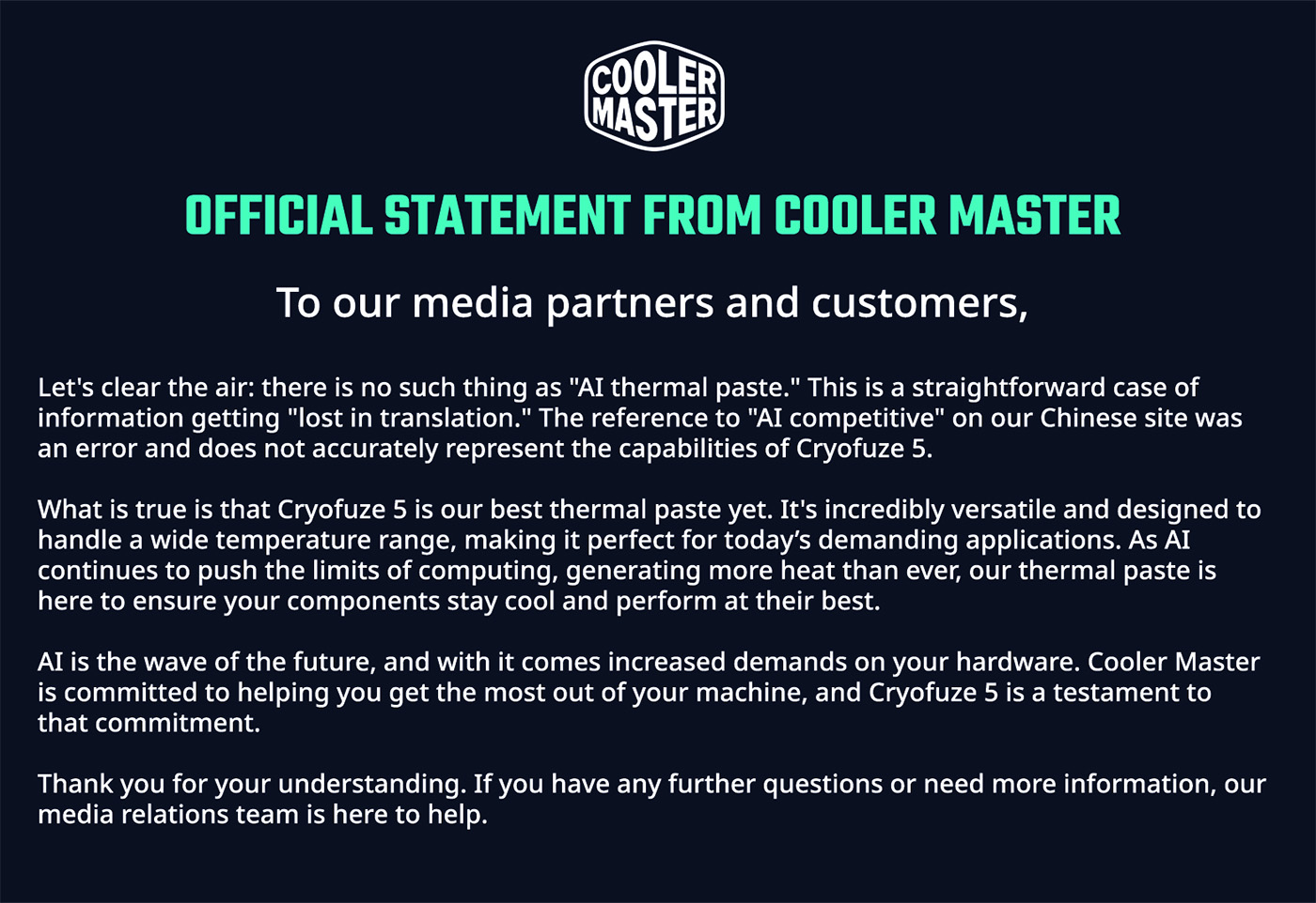 Cooler Master - oświadczenie firmy