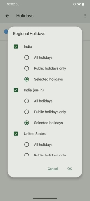 Días festivos especificados en Google Calendar