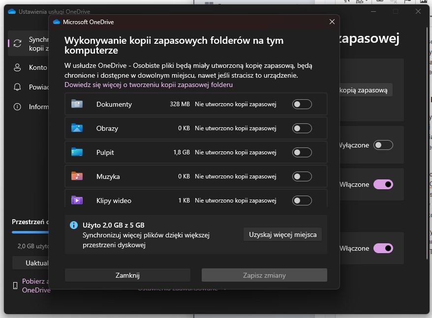 OneDrive kopia zapasowa Windows 11