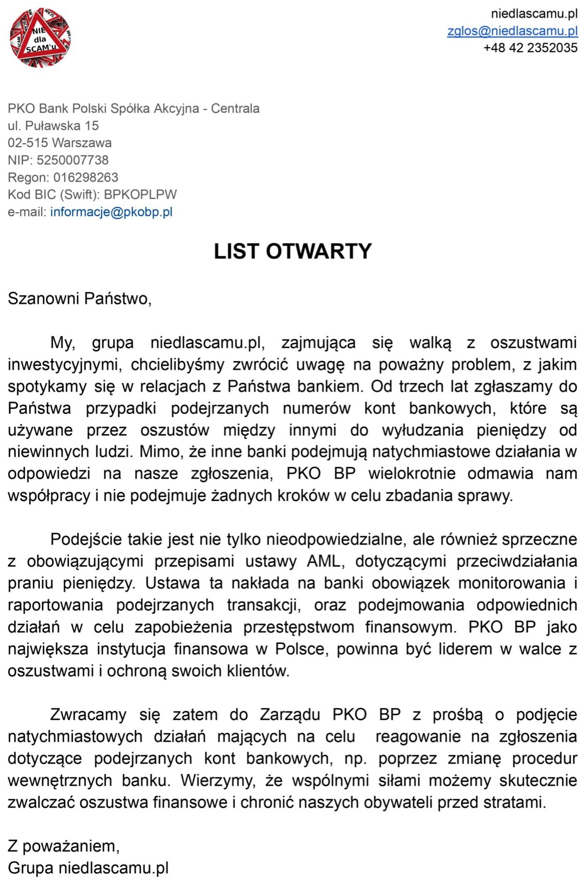 PKO BP niedlascamu.pl list otwarty