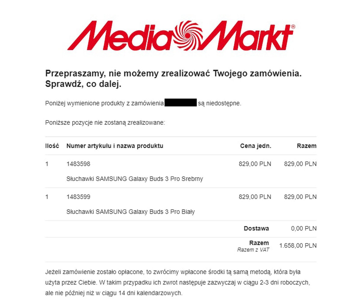 MediaMarkt anulowanie zamówienia