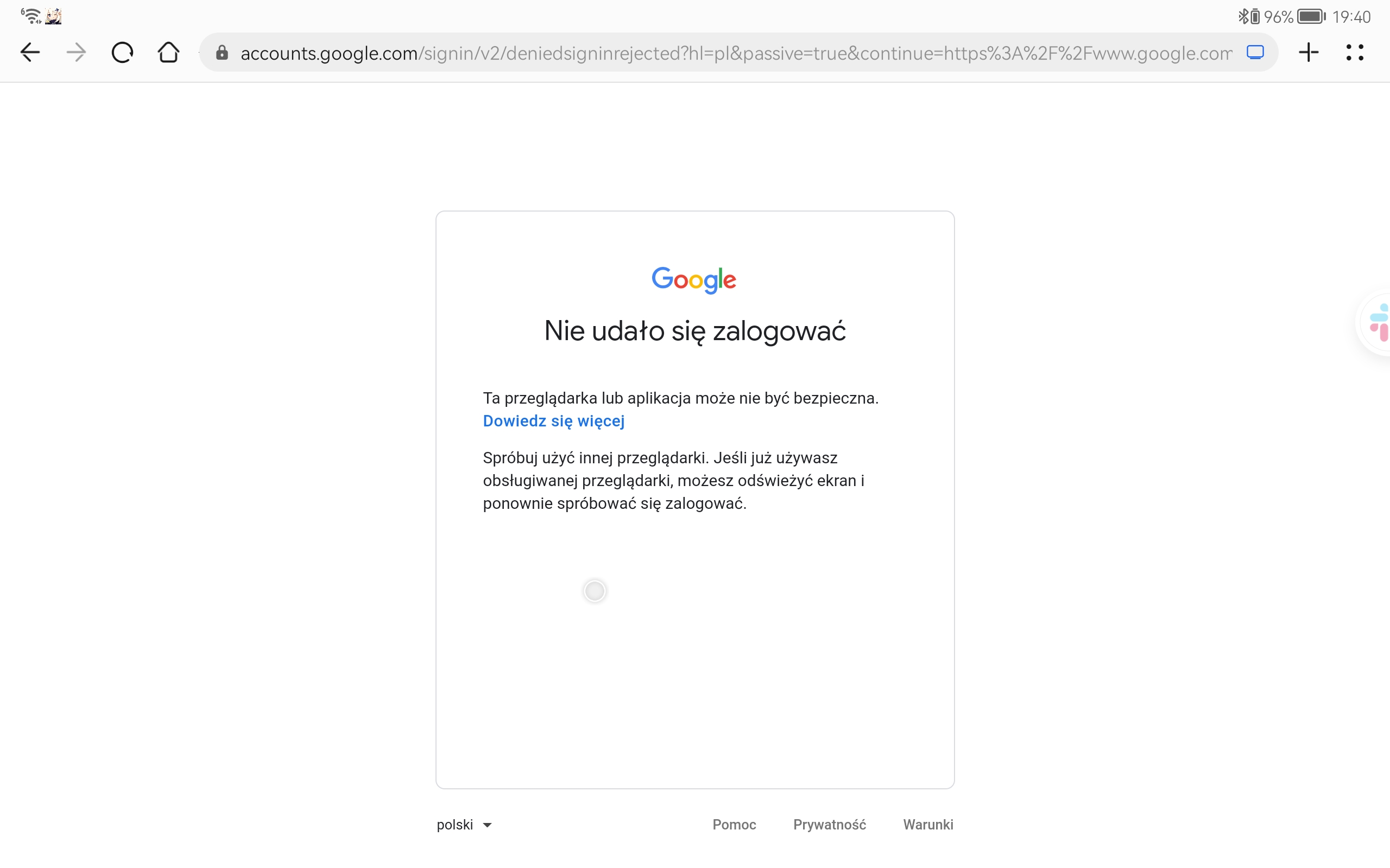 W przeglądarce na HarmonyOS nie da się zalogować na konto Google