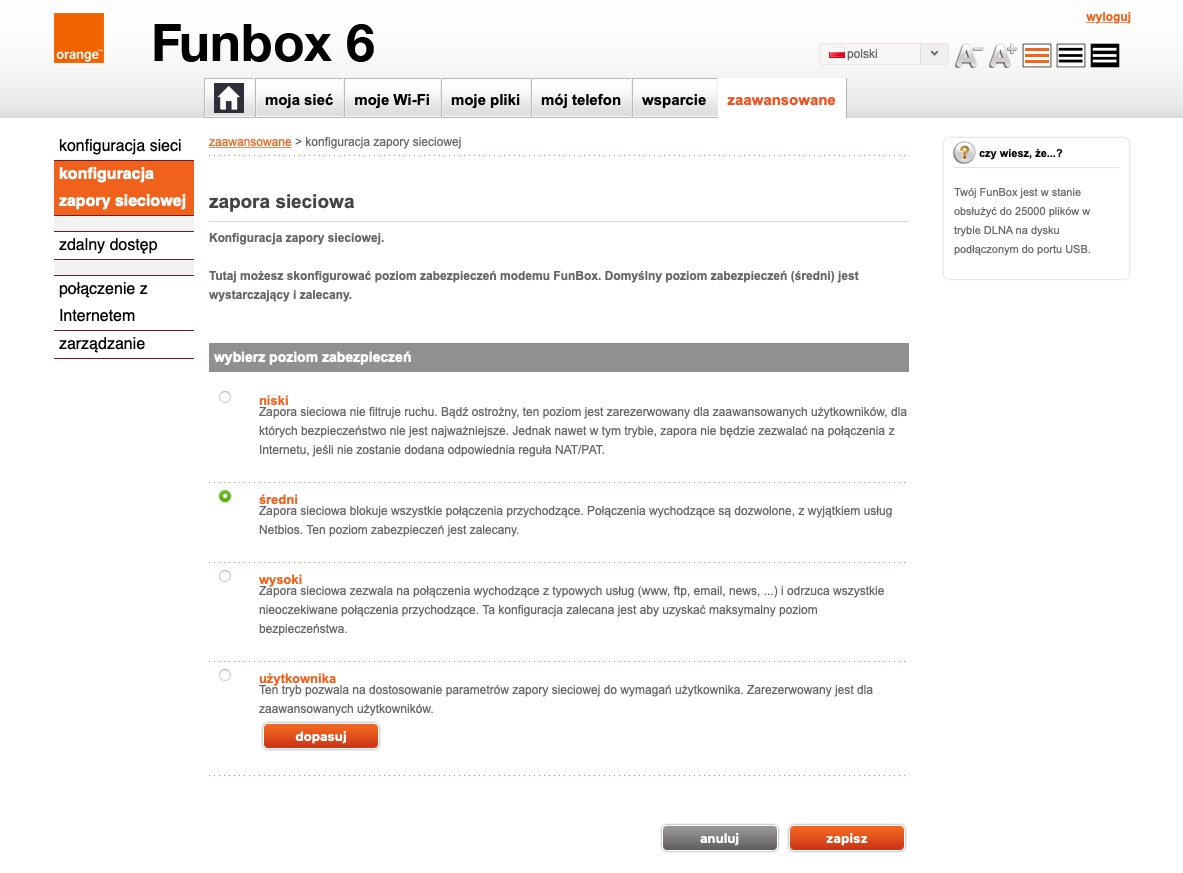 Ustawienia zapory sieciowej w oprogramowaniu Funbox 6